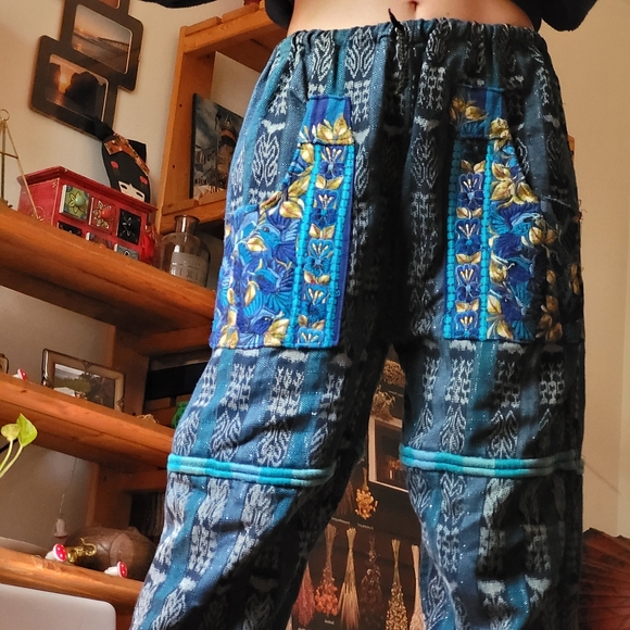Guatemalan Bohemian Pants In Blue Turquoise Floral Embroidered- Onesize - Picture 6 of 8